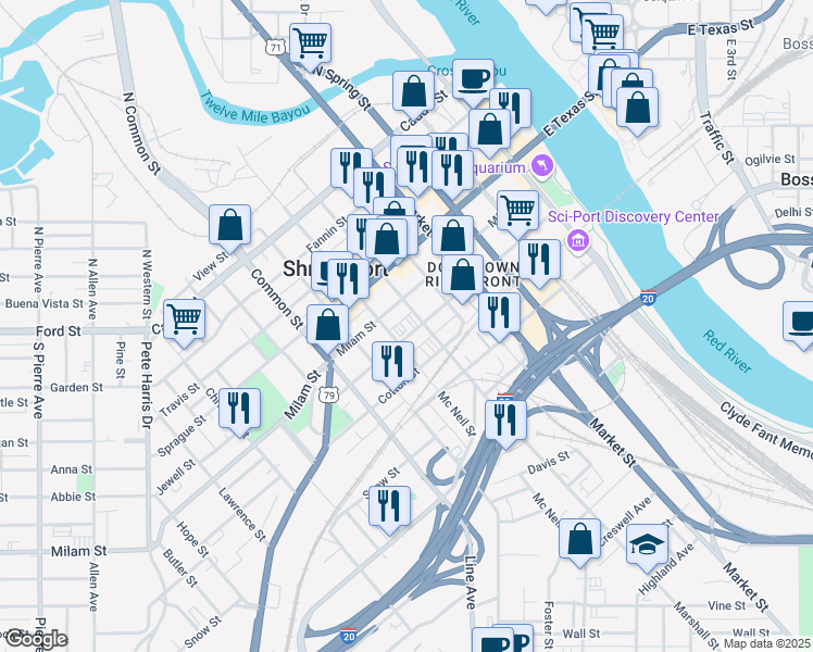 map of restaurants, bars, coffee shops, grocery stores, and more near 512 Crockett Street in Shreveport