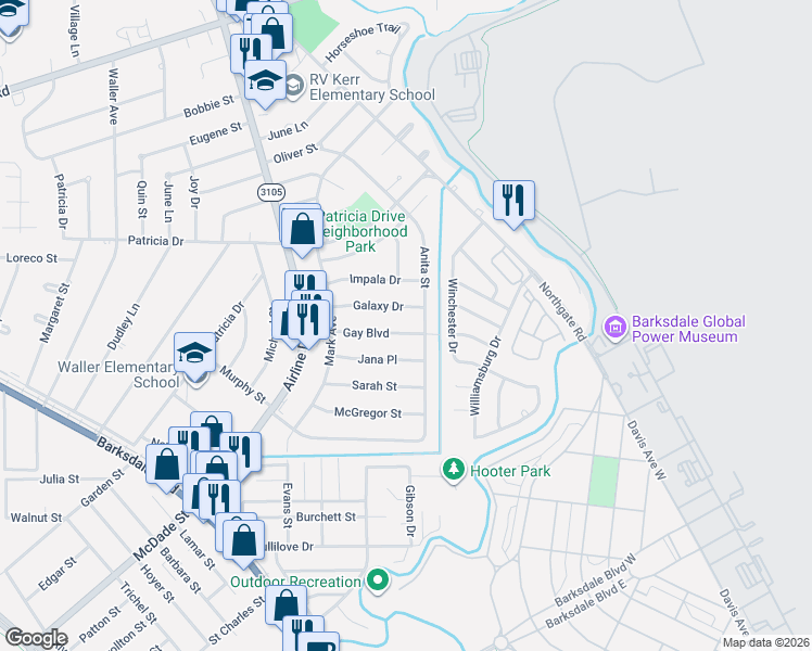 map of restaurants, bars, coffee shops, grocery stores, and more near 3221 Gay Boulevard in Bossier City