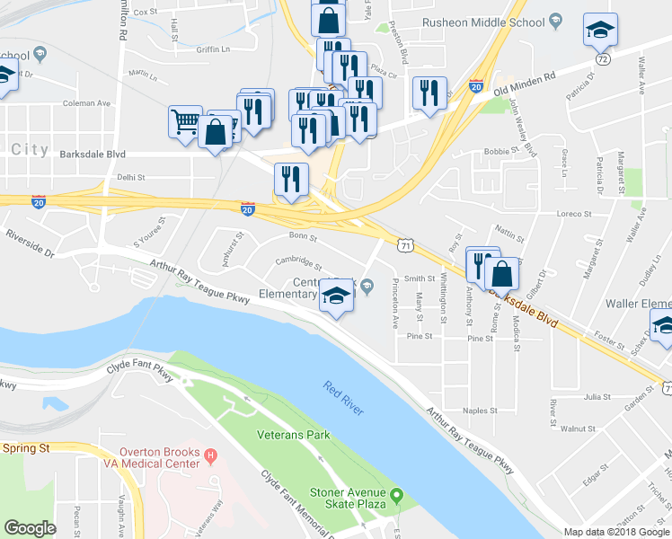 map of restaurants, bars, coffee shops, grocery stores, and more near 1913 Cambridge Street in Bossier City