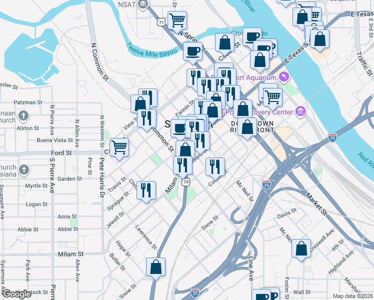 map of restaurants, bars, coffee shops, grocery stores, and more near 705 Texas Street in Shreveport