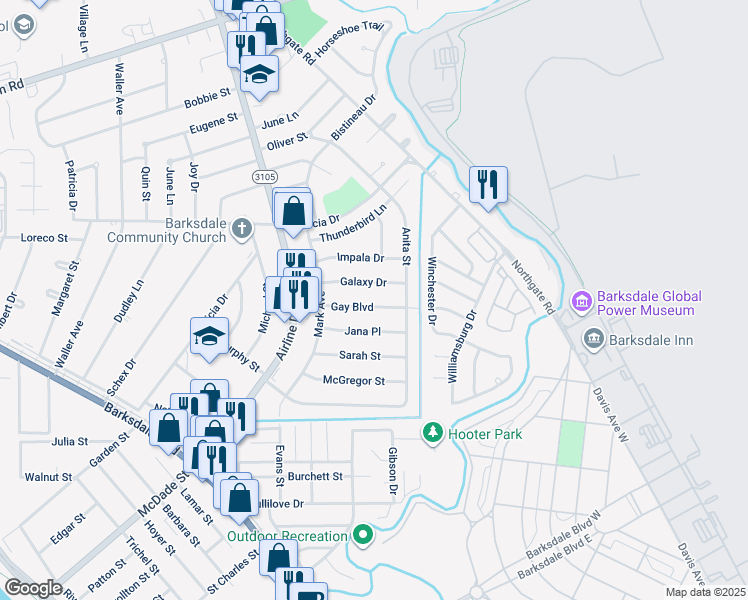map of restaurants, bars, coffee shops, grocery stores, and more near 3221 Gay Boulevard in Bossier City