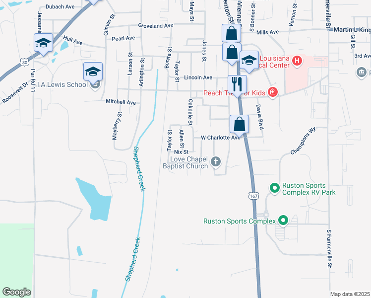 map of restaurants, bars, coffee shops, grocery stores, and more near 403 Nix Street in Ruston