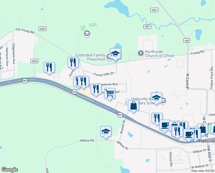 map of restaurants, bars, coffee shops, grocery stores, and more near 222 Cheyenne Run in Hallsville