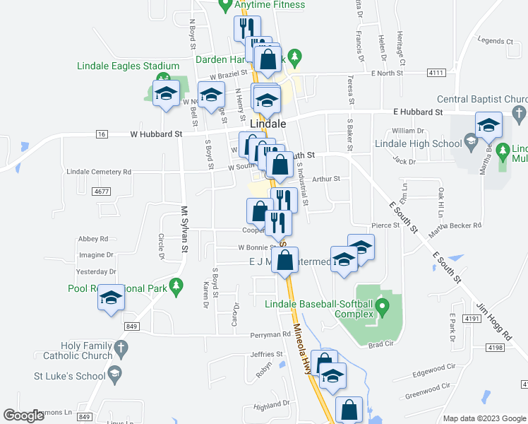 map of restaurants, bars, coffee shops, grocery stores, and more near 521 South Main Street in Lindale