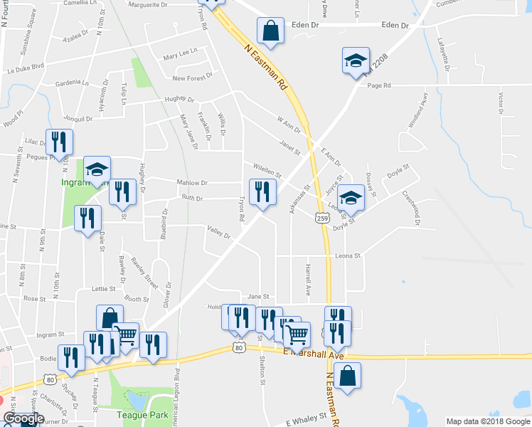 map of restaurants, bars, coffee shops, grocery stores, and more near 1711 Alpine Road in Longview