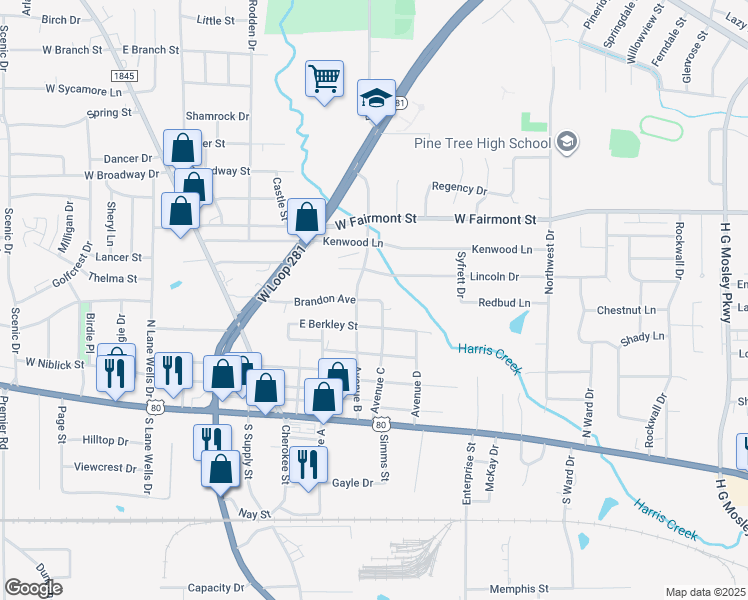 map of restaurants, bars, coffee shops, grocery stores, and more near 306 East Brandon Street in Longview