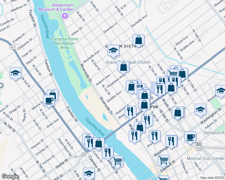 map of restaurants, bars, coffee shops, grocery stores, and more near 1100-1104 N 2nd St in Monroe