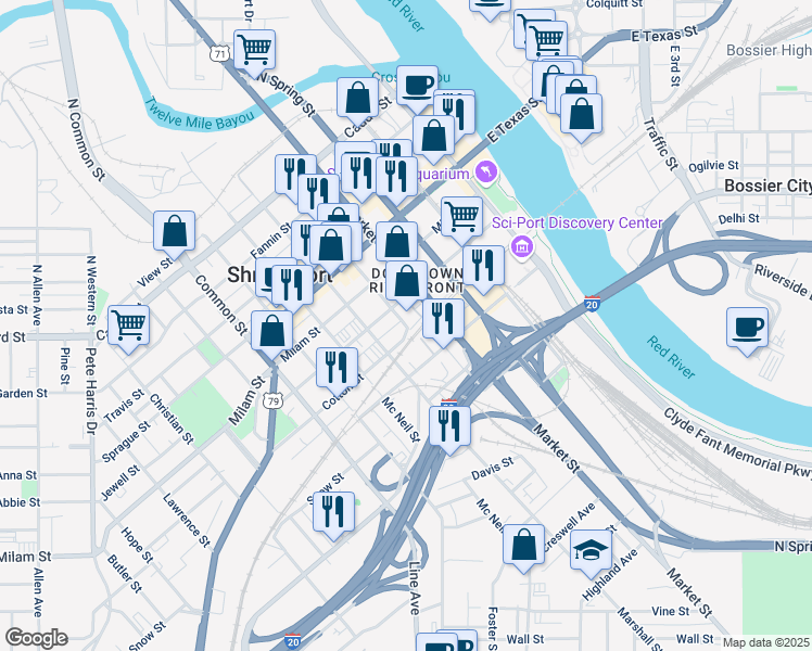 map of restaurants, bars, coffee shops, grocery stores, and more near 416 Cotton Street in Shreveport