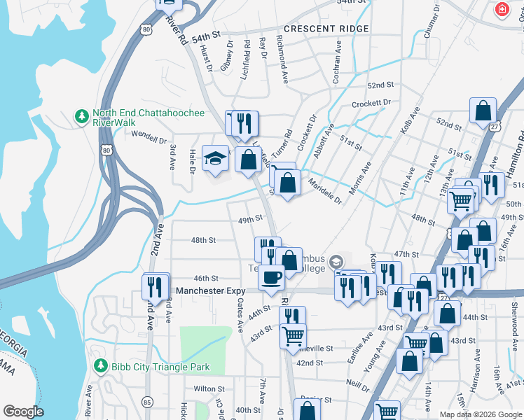 map of restaurants, bars, coffee shops, grocery stores, and more near 4848 Georgia 219 in Columbus