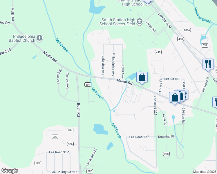 map of restaurants, bars, coffee shops, grocery stores, and more near 1-197 Lee Road 302 in Smiths Station