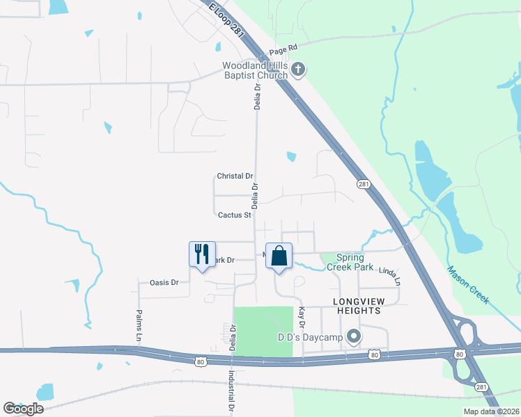 map of restaurants, bars, coffee shops, grocery stores, and more near 101 Cactus Street in Longview