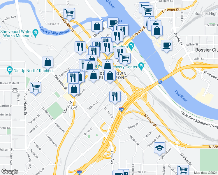 map of restaurants, bars, coffee shops, grocery stores, and more near 718 Edwards Street in Shreveport