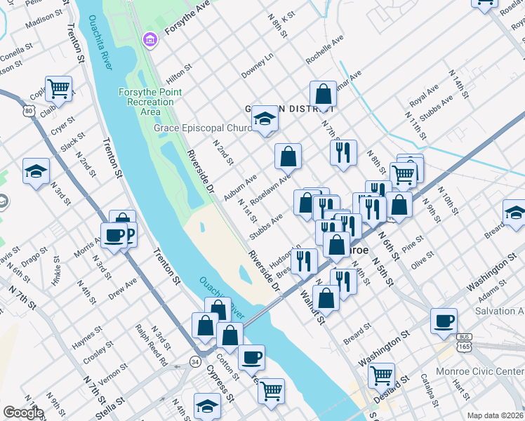 map of restaurants, bars, coffee shops, grocery stores, and more near 1100-1104 N 2nd St in Monroe
