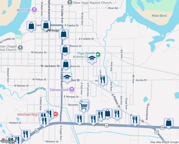 map of restaurants, bars, coffee shops, grocery stores, and more near 13-511 Elmore Drive in Demopolis