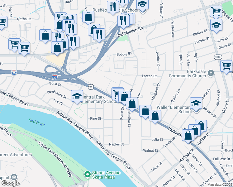 map of restaurants, bars, coffee shops, grocery stores, and more near 2236 Timothy Street in Bossier City