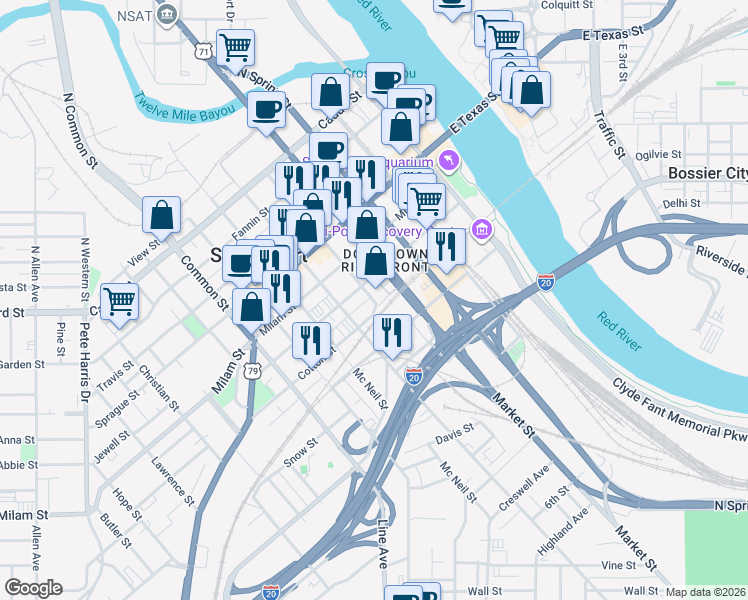 map of restaurants, bars, coffee shops, grocery stores, and more near 729 Edwards Street in Shreveport