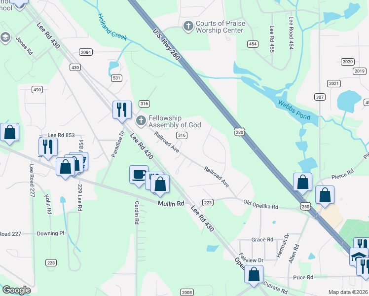 map of restaurants, bars, coffee shops, grocery stores, and more near 306-316 Lee Road 243 in Smiths Station