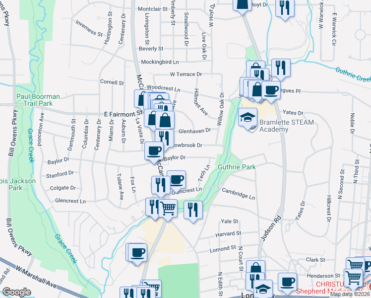 map of restaurants, bars, coffee shops, grocery stores, and more near 655 Baylor Drive in Longview