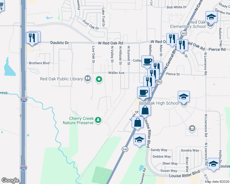 map of restaurants, bars, coffee shops, grocery stores, and more near 116 Pecan Creek Street in Red Oak