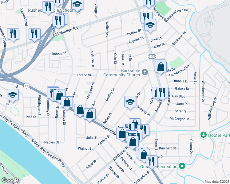 map of restaurants, bars, coffee shops, grocery stores, and more near 1188 Dudley Lane in Bossier City