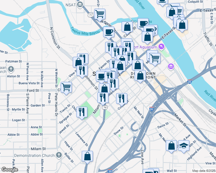 map of restaurants, bars, coffee shops, grocery stores, and more near 705 Texas Street in Shreveport