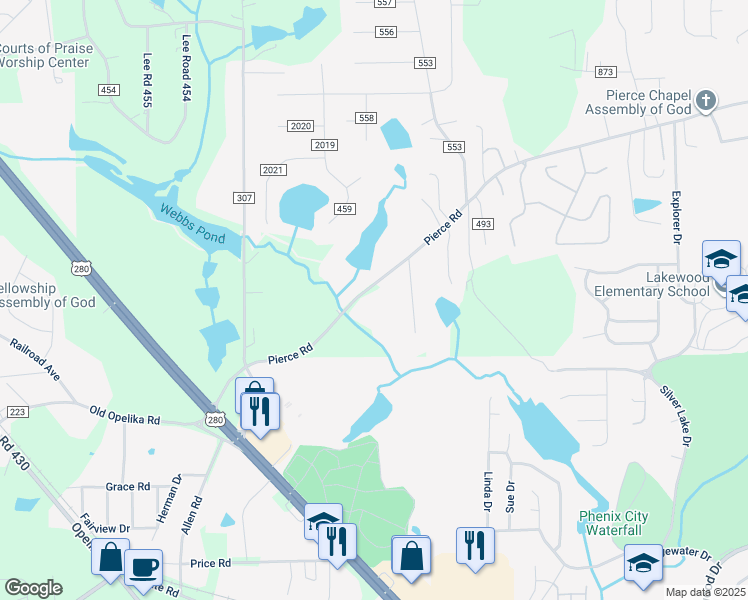 map of restaurants, bars, coffee shops, grocery stores, and more near 1088 Pierce Road in Phenix City