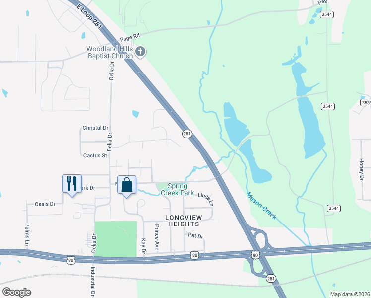 map of restaurants, bars, coffee shops, grocery stores, and more near 16 Cedar Hill Road in Longview