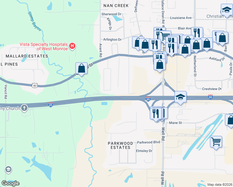map of restaurants, bars, coffee shops, grocery stores, and more near 221 Alta Mira Drive in West Monroe
