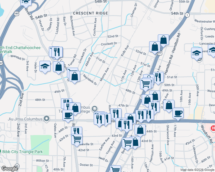 map of restaurants, bars, coffee shops, grocery stores, and more near 4753 Kolb Avenue in Columbus