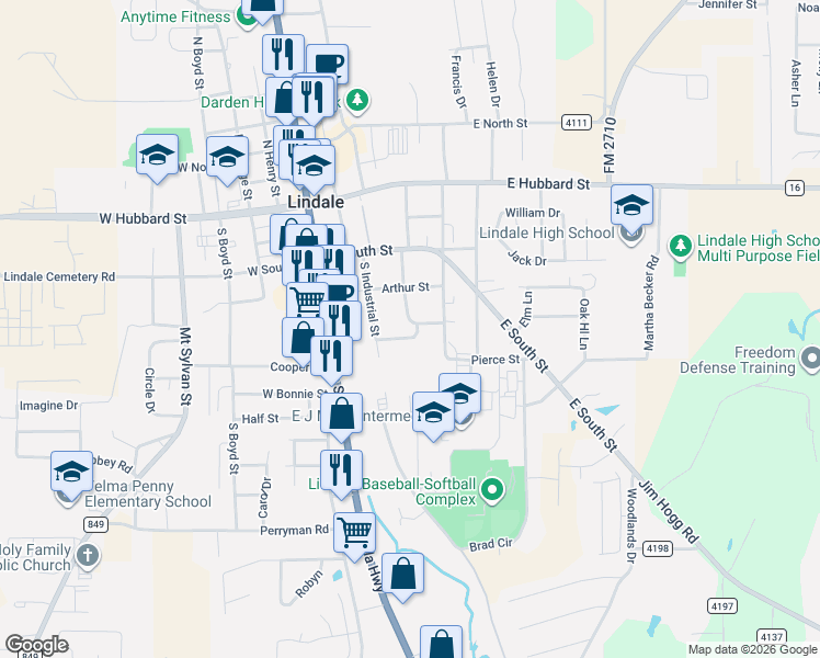 map of restaurants, bars, coffee shops, grocery stores, and more near 407 Husky Drive in Lindale
