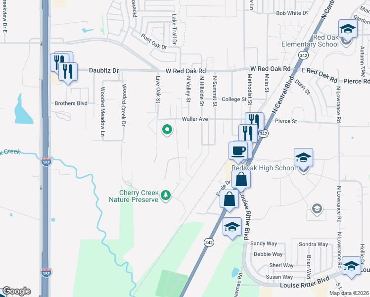 map of restaurants, bars, coffee shops, grocery stores, and more near 116 Pecan Creek Street in Red Oak