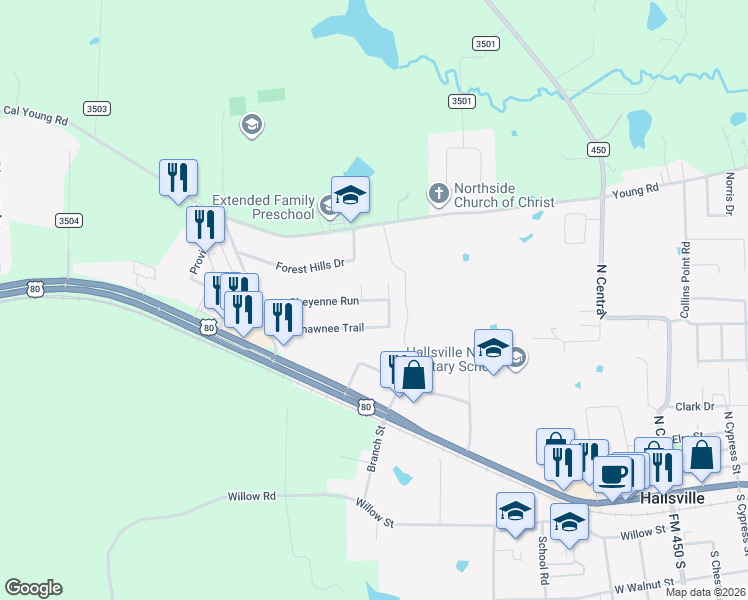 map of restaurants, bars, coffee shops, grocery stores, and more near 222 Cheyenne Run in Hallsville