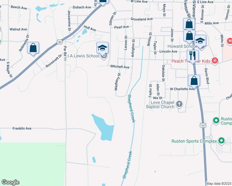 map of restaurants, bars, coffee shops, grocery stores, and more near 1435 Mayberry Street in Ruston