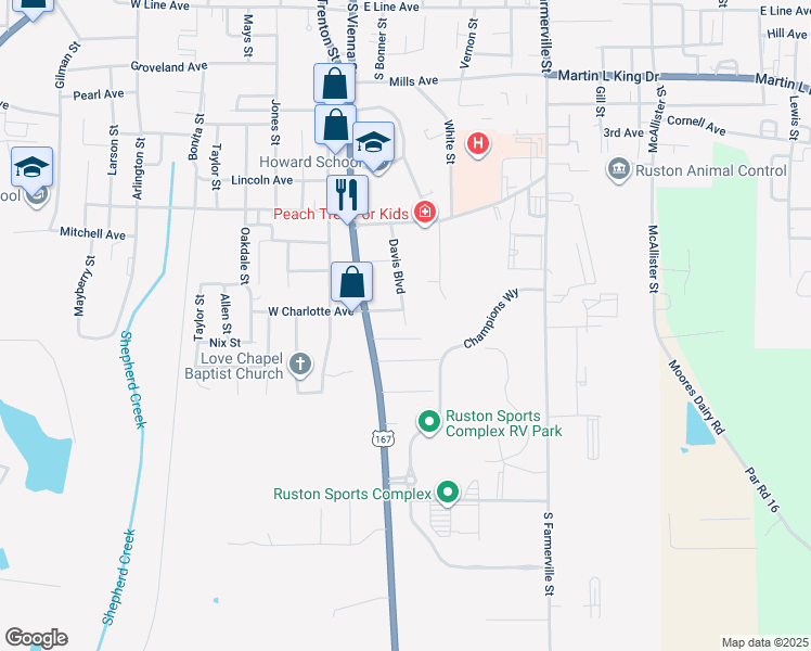 map of restaurants, bars, coffee shops, grocery stores, and more near 1526 Davis Boulevard in Ruston