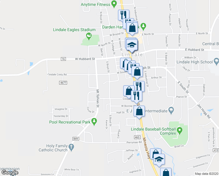 map of restaurants, bars, coffee shops, grocery stores, and more near 416 South Boyd Street in Lindale