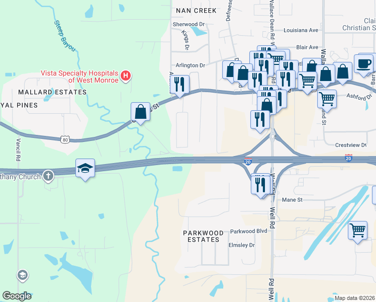 map of restaurants, bars, coffee shops, grocery stores, and more near 221 Alta Mira Drive in West Monroe