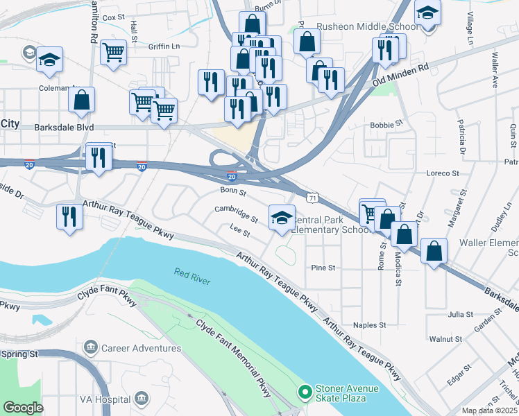 map of restaurants, bars, coffee shops, grocery stores, and more near 1913 Cambridge Street in Bossier City