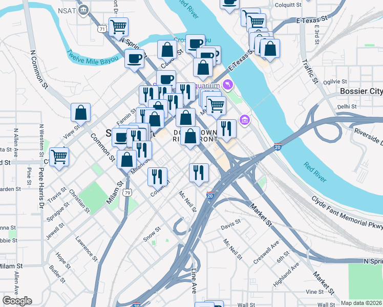map of restaurants, bars, coffee shops, grocery stores, and more near 729 Edwards Street in Shreveport