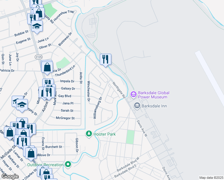 map of restaurants, bars, coffee shops, grocery stores, and more near 1301 Williamsburg Drive in Bossier City