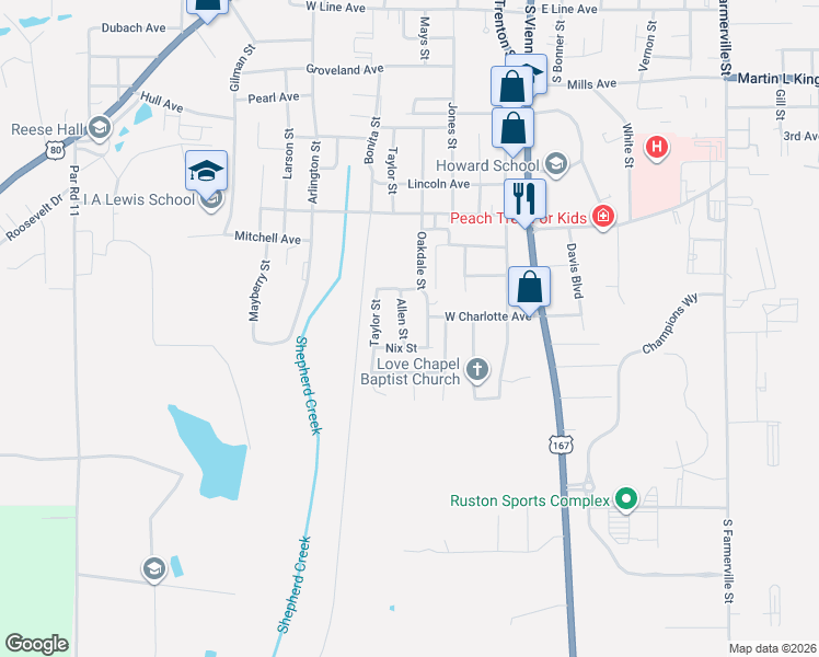 map of restaurants, bars, coffee shops, grocery stores, and more near 403 Nix Street in Ruston