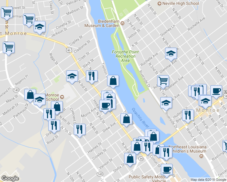 map of restaurants, bars, coffee shops, grocery stores, and more near 101 Morris Avenue in West Monroe