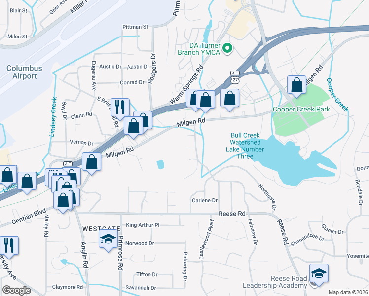 map of restaurants, bars, coffee shops, grocery stores, and more near 4727 Lane Court in Columbus