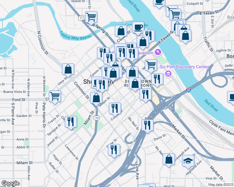 map of restaurants, bars, coffee shops, grocery stores, and more near 512 Crockett Street in Shreveport