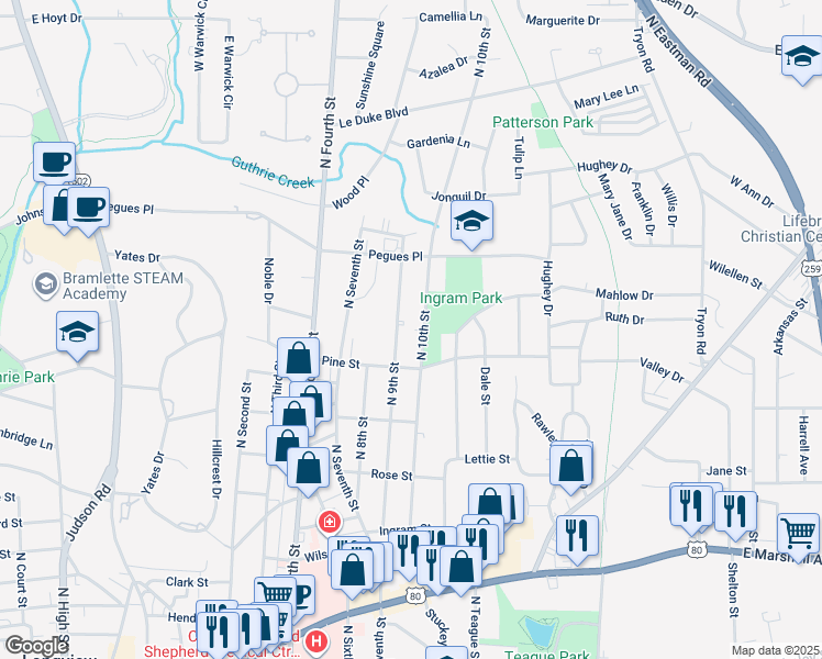map of restaurants, bars, coffee shops, grocery stores, and more near 1411 North 10th Street in Longview