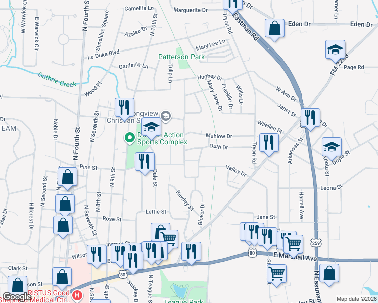 map of restaurants, bars, coffee shops, grocery stores, and more near 1303 Bluebird Drive in Longview