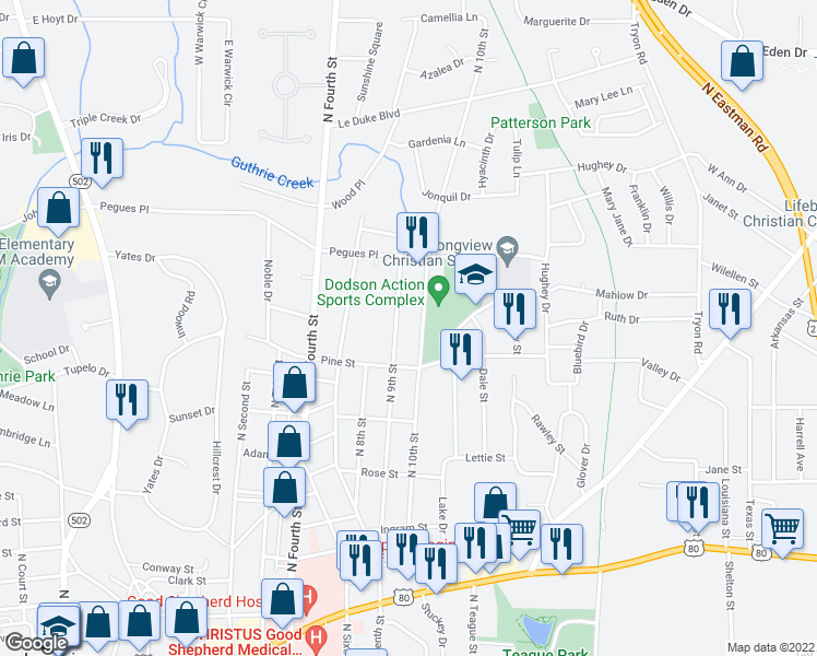 map of restaurants, bars, coffee shops, grocery stores, and more near 1411 North 10th Street in Longview