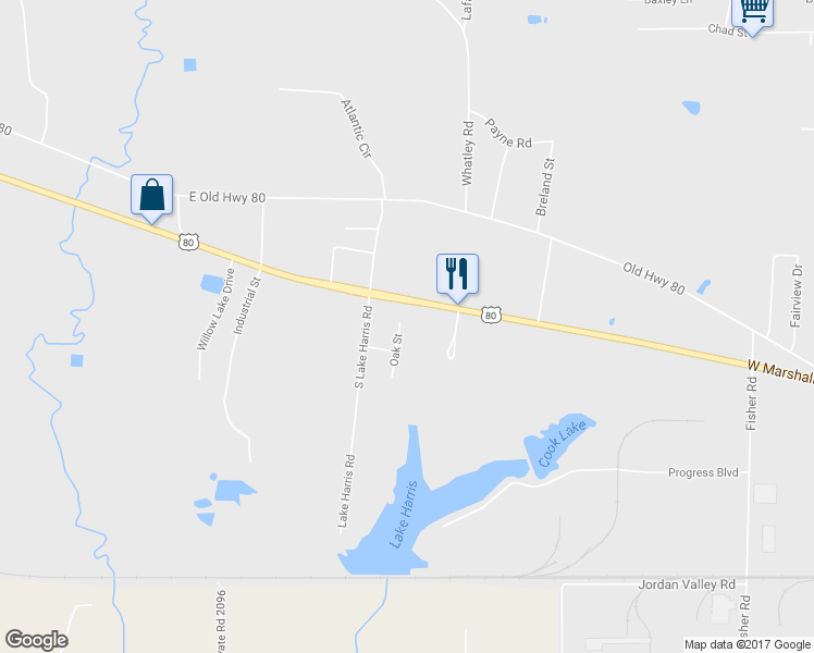 map of restaurants, bars, coffee shops, grocery stores, and more near 1602 Oak Street in White Oak