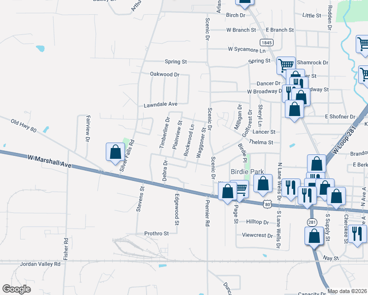 map of restaurants, bars, coffee shops, grocery stores, and more near 402 Rockwood Lane in Longview