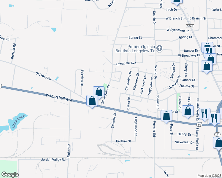 map of restaurants, bars, coffee shops, grocery stores, and more near 309 Barbara Drive in Longview