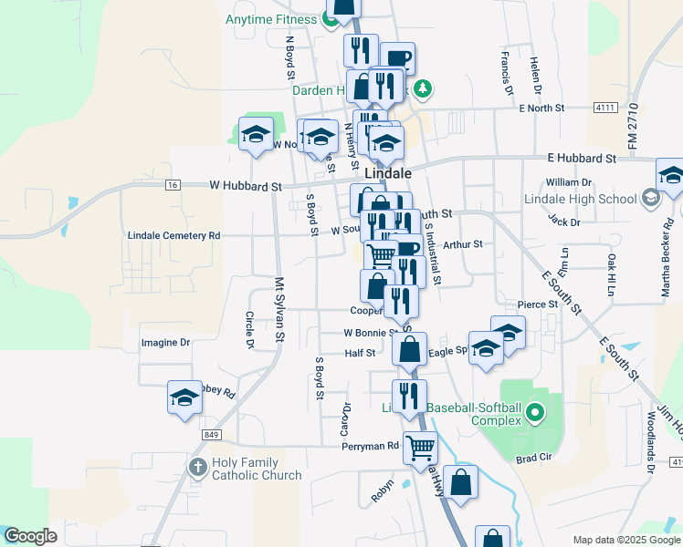 map of restaurants, bars, coffee shops, grocery stores, and more near 303 Cooper Street in Lindale